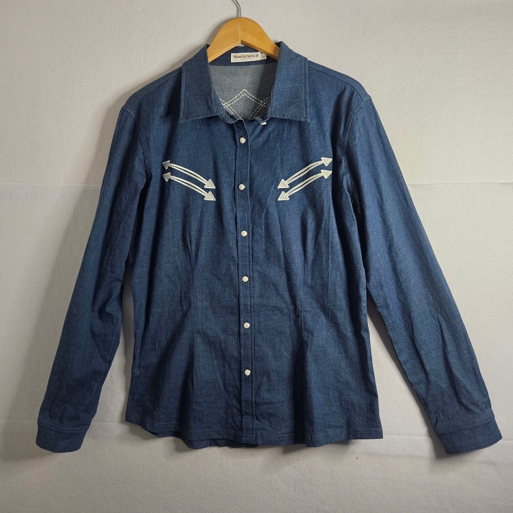 Ranch Dressn Womens Western Shirt Blue Denim Look Embroidery Snap Front Large